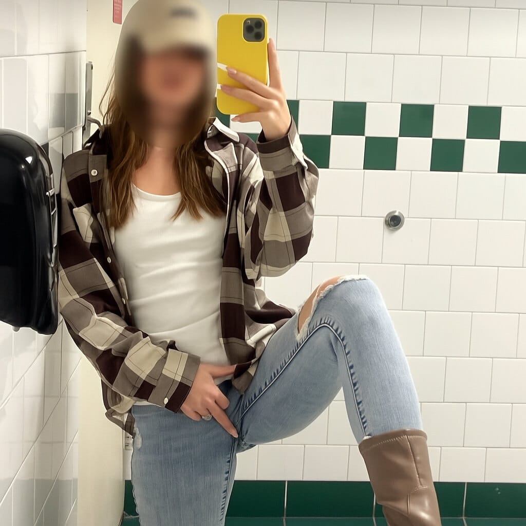 Person taking a mirror selfie in a tiled bathroom, wearing a brown plaid shirt over a white tank top, light jeans with a knee tear, and tan boots, holding a yellow phone case.