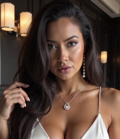 Portrait of a woman with long dark hair wearing a pearl pendant necklace and drop earrings in a warmly lit indoor setting.